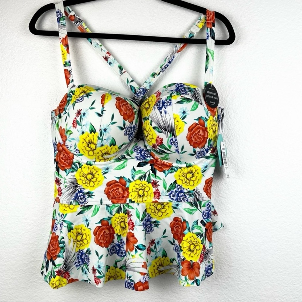 TORRID Ivory and Yellow Floral Peplum Tankini Swim Top, Size 2X,